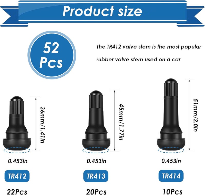 Eoppen 52Pcs Tire Valve Stems TR412, TR413, TR414 Black Rubber Snap-in Valves Stems for Replacement of Tubeless 0.453 Inch Rim Holes on Standard Vehicle Tires - Image 2